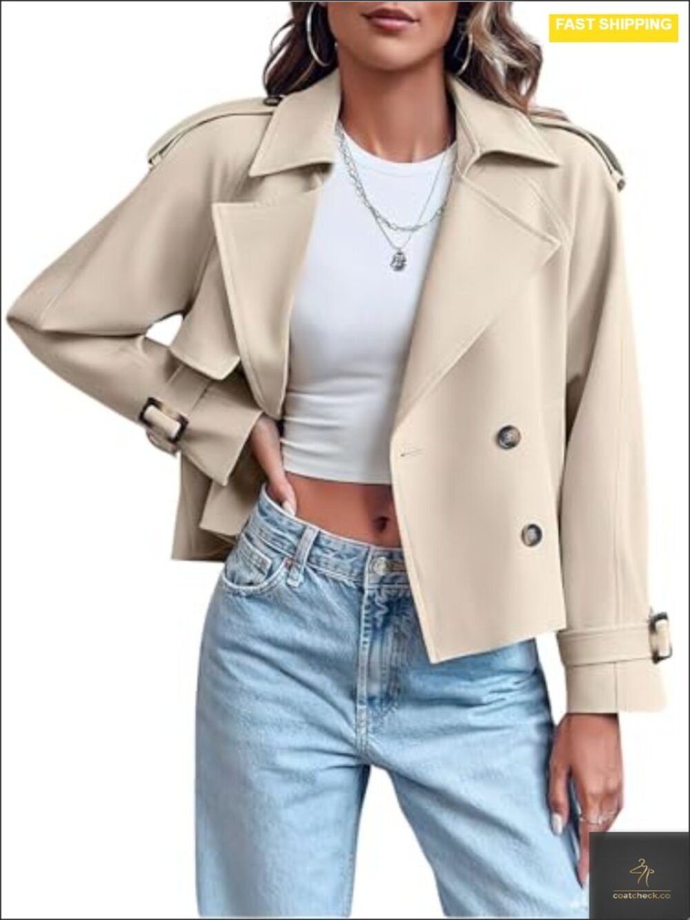 Women's Double Breasted Cropped Trench Coat with Pockets